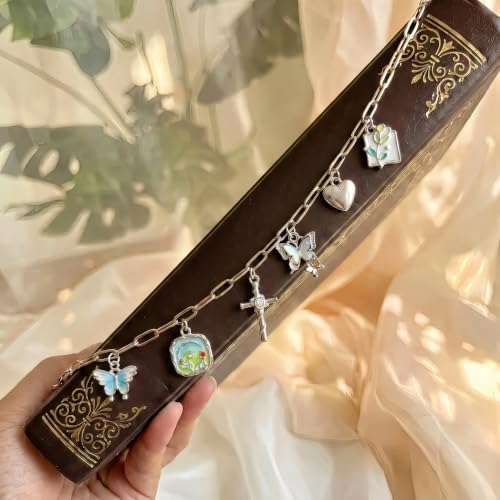 Butterfly Bible Charm Chain - Cute Floral Christian Cross Accessories Gift Scripture Faith Inspirational Silver Metal Bookmark Jewelry Religious Decor Supplies for Study Reading Women Girl - color: Butterfly Floral