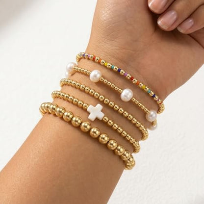 Gold Beaded Bracelets Stack for Women Stackable 14K Gold Plated Beads Ball Cross Bracelet Boho Christian Jewelry Faith Friendship Birthday Gifts for Women - color: White-2
