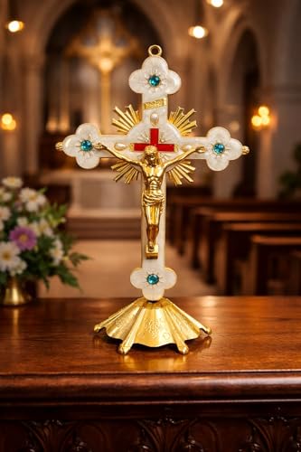 Aura Zen Store Crucifix 9 Inch Desk - Wall Cross with Stand Base - Gold & White Catholic with Jesus Figure, Blue Stone Accents, Religious Altar Decor, Christian Gift for Home, Church or Prayer Space