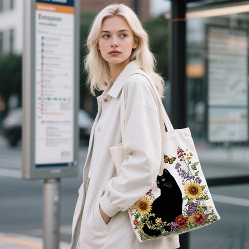 Aesthetic Canvas Tote Bag for Women - with Magnetic Snap Closure & Zipper Inner Pocket Reusable Bag for Shopping - color: Flower Cat1