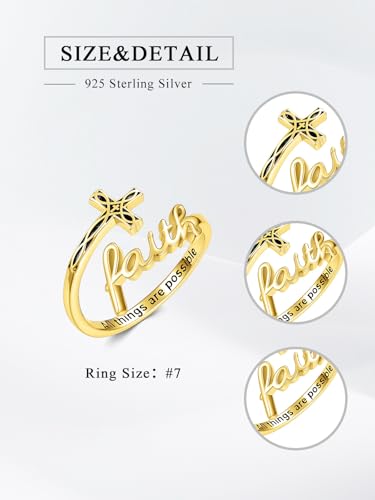 Cross Rings Faith Ring 925 Sterling Silver Adjustable Cross Wrap Ring Christian Fashion Band for Women - color: C-Yellow Gold