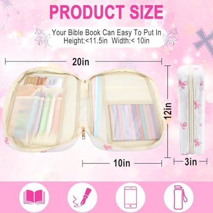 Zkptops Bible Cover Case for Women Girls Large Bible Bag Cotton Quilted Bible Carrying Case with Zipper Pocket and Handle Pink Bow Christian Carrying Book Cover for Christian Study Supplies Gift - color: Fr Pink Bow