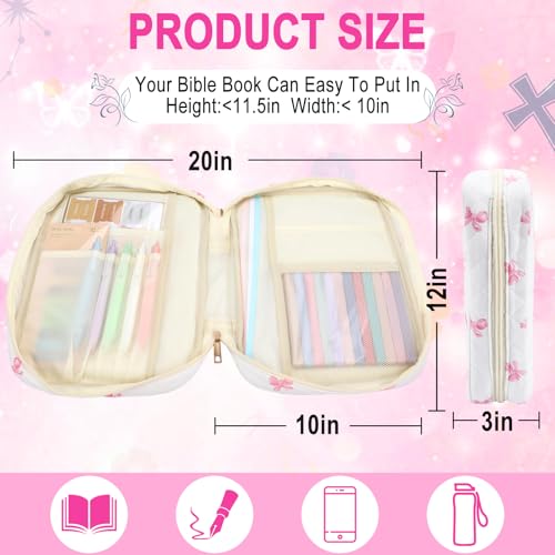 Zkptops Bible Cover Case for Women Girls Large Bible Bag Cotton Quilted Bible Carrying Case with Zipper Pocket and Handle Pink Bow Christian Carrying Book Cover for Christian Study Supplies Gift - color: Fr Pink Bow