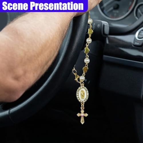 Heart & Rosary Car Steering Wheel Rosary Charm, Alloy Cross Religious Rear View Mirror Charm, Personalized Car Mirror Hanging Accessories for Most Cars (Heart) - size: Heart