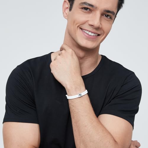 Silicone Christian Cross Braided Rope Bracelets for Men Women - color: White with Silver Cross square
