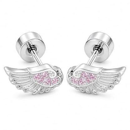 Angel Wing Stud Earrings for Women Silver Plated ﻿ - color: pink