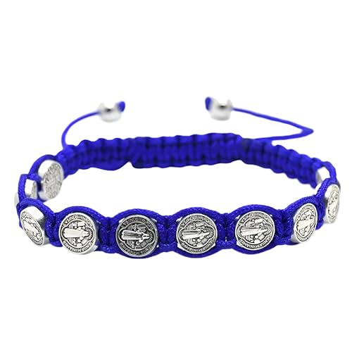 925 Sterling Silver San Benito Bracelet For Women And Men, Catholic Multicolor Bracelet St. Benedict Medal Hand Knitted Knot Coin Beaded Adjustable Religious Prayer Faith - color: Blue - San Benito Bracelet