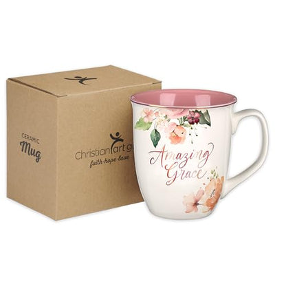 Christian Art Gifts Large Ceramic Inspirational Women's Coffee & Tea Mug - color: Pink Floral/Amazing Grace
