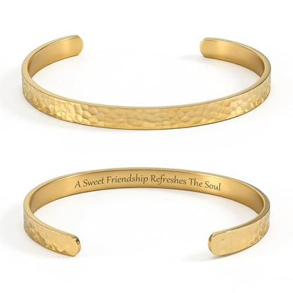 Inspirational Bible Verse Cuff Bracelet for Women, 18K Gold Plated Hammered Bangle, Christian Faith Jewelry Gift, Adjustable Non Tarnish - color: A sweet friendship refreshes the soul-Hammered Gold