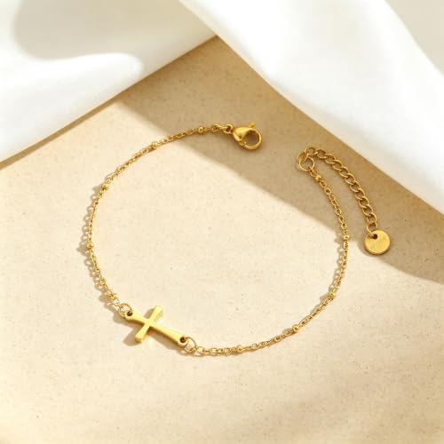18K Gold Plated Pearl Beaded Cross Bracelets for Women Adjustable - color: Satellite Cross-Gold