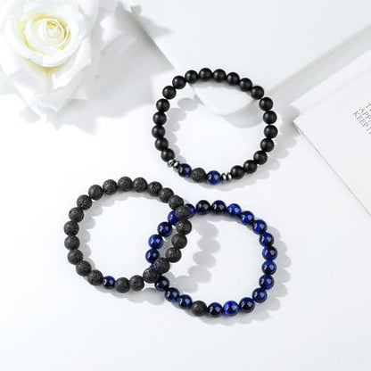 Mens Beaded Bracelets, 8MM Beaded Bracelets for Men, Natural Tiger Eye Bead Bracelet, Stretch Elastic Beads Bracelets for Men - color: 3 lapis lazuli volcanic black