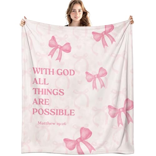Coquette Pink Bow Christian Blanket, with God All Things are Possible Bible Verse Inspirational Throw Blankets for Girly Room Bedroom Dorm Couch Bed Decor, Preppy Religious Blanket, 50x60 Inch - color: 02-pink Christian(blanket-04)