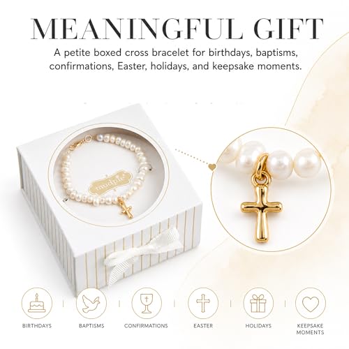 Mud Pie Pearl Cross Bracelet for Girls, Baby Baptism Bracelet With Gift Box