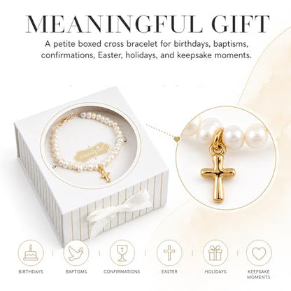 Mud Pie Pearl Cross Bracelet for Girls, Baby Baptism Bracelet With Gift Box