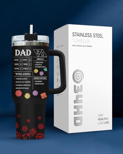 34HD Dad Dungeon Daddy DND 40 oz Tumbler with Handle, Funny Dad Gift - color: Dungeon Dice Daddy