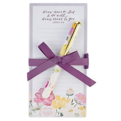 Christian Art Gifts Magnetic Notepad & Pen Set for Women, Draw Near to God - color: Purple & Pink Floral/Draw Near