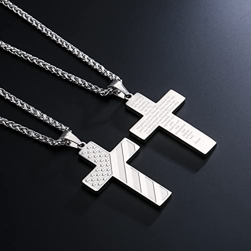 DuoDiner 18+2" Cross Necklace for Men Boys Christian Confirmation Gifts - color: Silver, style: Lord's Prayer