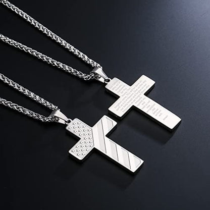 DuoDiner 18+2" Cross Necklace for Men Boys Christian Confirmation Gifts - color: Silver, style: Lord's Prayer
