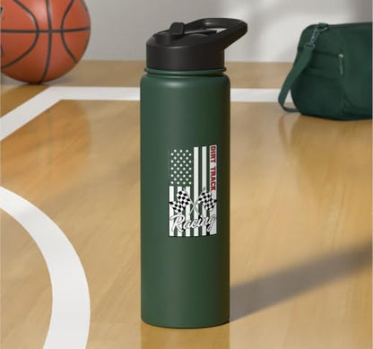 Car Dirt Track Racing Checkered Flag American Flag Racing Stainless Steel Insulated Water Bottle - color: Dark Green