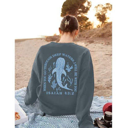 Sulayesh Christian Whale Shark Sweatshirts for Women Jesus God Bible Verse Hoodie Religious Faith Graphic Long Sleeve Shirts - color: Deep Gray, size: Large