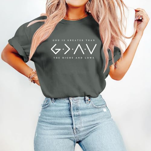 BeWithYou Christian Shirts for Women God is Greater Than The Highs and Lows Shirt Funny Religious Faith Bible Verse Tee Tops - color: Deep Gray, size: Large