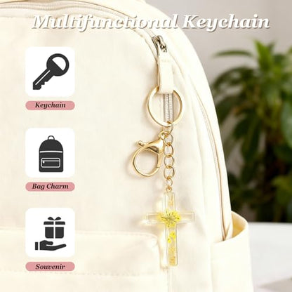 Angyape Cute Christian Cross Keychain for Women Purse Bag Charms Car Key Rings Accessories Flower Design Jesus Faith Gifts - color: D: Yellow Keychain