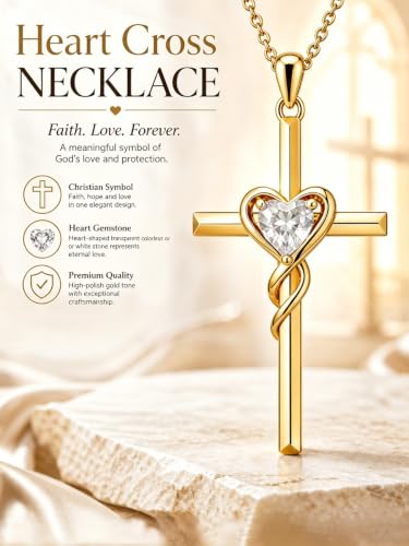 Birthstone Cross Necklace for Women 14K Gold Plated Heart Infinity Cross Pendant Necklace Christian Religious Jewelry Anniversary Birthday Gifts for Wife Mom Her - color: Apr/Diamond(Created)