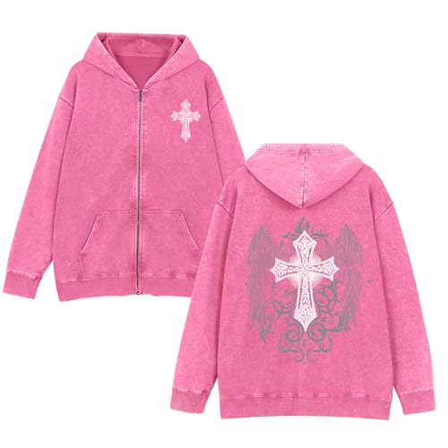 Vintage Goth Punk Zip Up Hoodies for Men Grunge Streetwear Oversized Gothic Cross Graphic Acid Wash Sweatshirt Tops - color: Pink, size: X-Large