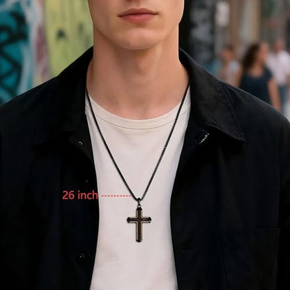 Wooden Cross Necklace for Men With Stainless steel And Black Ebony Adjustable Box Chain 24–26 inches Suitable for Everyday Wear And Christian Gifts for Men - color: Black-J