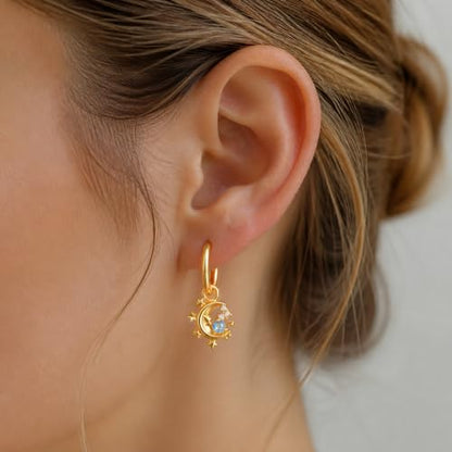 925 Sterling Silver Cute Animal Unique Huggie Hoop Earrings for Women - color: Gold Star Moon
