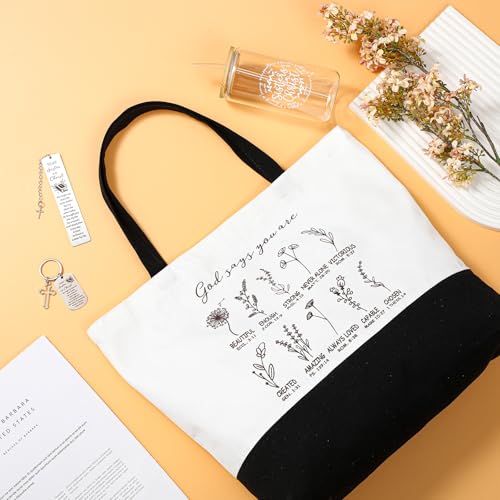 Maxdot 4 Pcs Sister in Christ Gift for Women Christian Gift Canvas Tote Bag Religion Glass Tumbler with Lids and Straw Bible Verse Keychain Christian Scripture Bookmark for Sister Women Religious