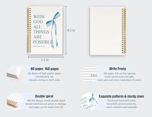 Blue Bible Journal for Women, A5 Spiral Christian Notebook & Study Supplies, Cute Hardcover Coquette Bow Diary with Scripture Matthew 19:26 for Church Notes, Prayer & Teen Girls.5.5 x 8.3 Inch - color: (Blue) Matthew 19:26