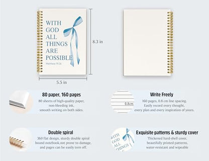 Blue Bible Journal for Women, A5 Spiral Christian Notebook & Study Supplies, Cute Hardcover Coquette Bow Diary with Scripture Matthew 19:26 for Church Notes, Prayer & Teen Girls.5.5 x 8.3 Inch - color: (Blue) Matthew 19:26