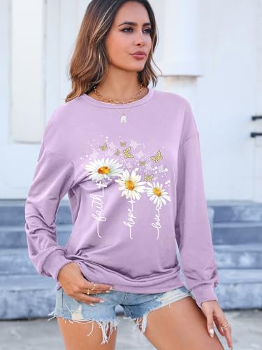 Women’s Christian Sweatshirts,Faith Hope Love Daisy Print Crewneck Long Sleeve Casual Loose Fit Sweatshirt - color: Purple, size: Medium