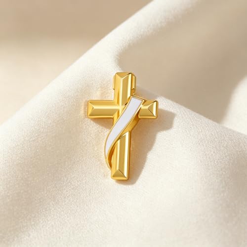 Clergy Gold Cross Lapel Pin with Enamel Ribbon, Christian Religious Brooch Badge, Suit Collar Accessory Faith Gift for Church Staff Believers - color: White