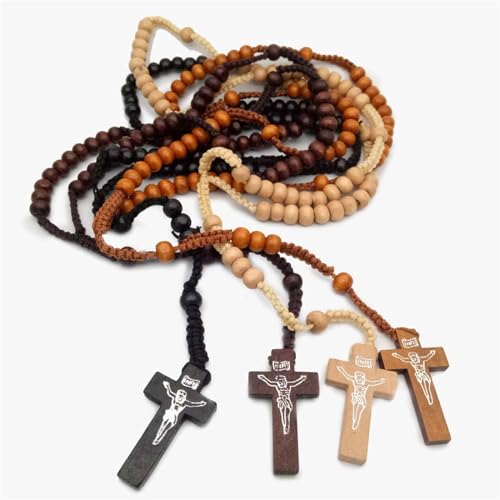 Natural Wood Beaded Cross Rosary Necklace Boho Handmade 8MM Wooden Beads with Jesus Cross Lightweight Rope Necklace for Men Women Religious Christian Prayer Fashion Jewelry Gifts - color: Light brown color