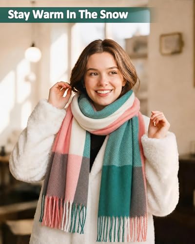 Loritta Winter Scarf for Women, Long Plaid Shawl Wraps Scarves Gifts - color: B-pink Green Lattice