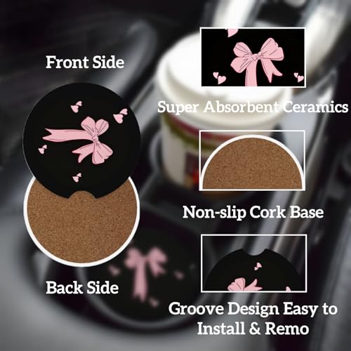 Ceramic Car Cup Coasters 2PCS - Heart Bowknot - color: Heart Bowknot