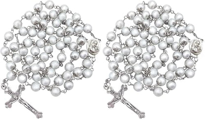 Nazareth Store Wedding White Pearl Beads Rosary Handcrafted Prayer Necklace with Holy Soil Medal and Jesus Cross Crucifix - size: Large (Pack of 2)