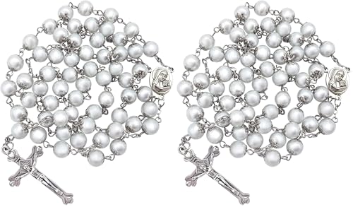 Nazareth Store Wedding White Pearl Beads Rosary Handcrafted Prayer Necklace with Holy Soil Medal and Jesus Cross Crucifix - size: Large (Pack of 2)