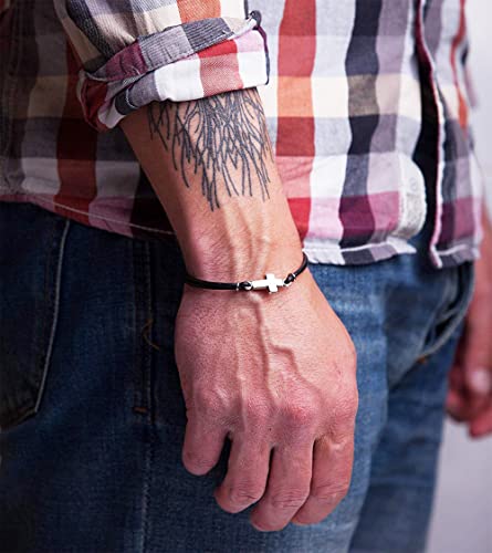 Store Mens Cross Bracelet Genuine Leather and Stainless Steel Sideways Cross Charm Adjustable Unisex Model