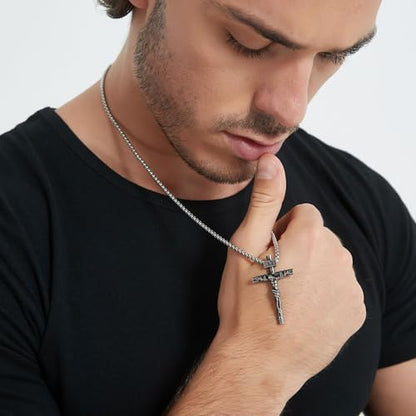 Crucifix Cross Necklace for Men and Women with Exquisite Jesus Pendant and Stainless Steel Chain 16-30 Inch - color: Antique White Gold, size: 24 Inch=61CM, style: Medium Pendant-1.8"x1.1"