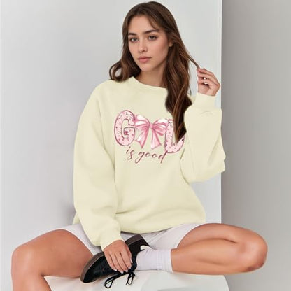 KEEVICI God Is Good Christian Sweatshirts for Women Bow Jesus Cute Bible Verse Sweatshirt Faith Religious Graphic Hoodies - color: Apricot, size: X-Large