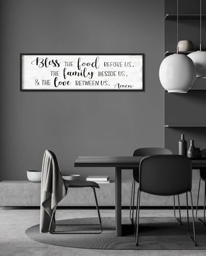 Bless the Food Before Us Wall Decor: Christian Bible Verse Wall Art Farmhouse Kitchen Dining Room Framed laque with Sayings - The Family Beside Us and The Love Between Us Signs 16"x48" - color: Bless the Food Before Us, size: 16"x48"