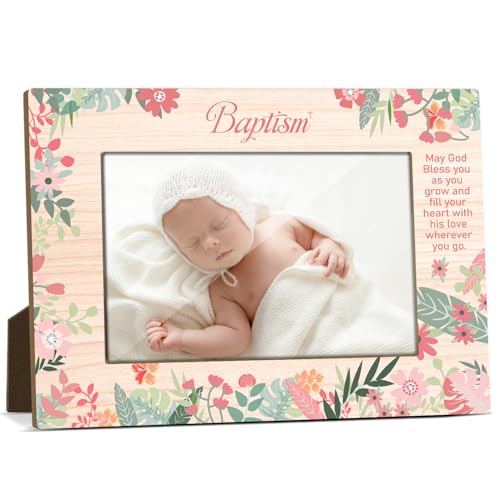 Baptism Wooden Picture Frame, Baby Girls Baptism Gifts from Godparents Friends and Family, Catholic Baby Gift, 4x6 Cute Flowers Design Picture Frame, Home Office Desktop Nightstand Decor -014 - color: Flowers-2