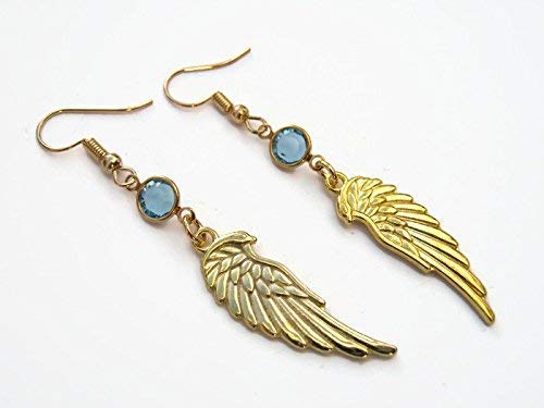 Gold Angel Wing Birthstone Earrings, Golden Tone Personalized Memorial Earrings, Angels Feather Jewelry