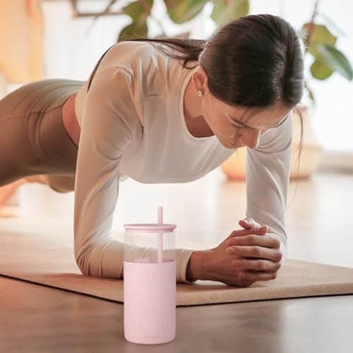 SANDJEST Glass Tumbler with Straw and Lid, Bow Glass Water Bottle with Silicone Sleeve 20oz, Smoothie, Iced Coffee Cup, Gifts for Women Teen Girls Birthday Christmas - color: Bow 1