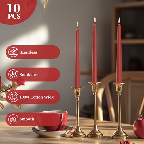 KONNI 0.87×10 Inch Dark Red Taper Candles, Unscented and Smokeless Tall Candlesticks, 10 Pack Tapered Candles with Cotton Wicks, Long Burning, Ideal for Weddings, Dinner Parties, and Home Décor - color: Dark Red