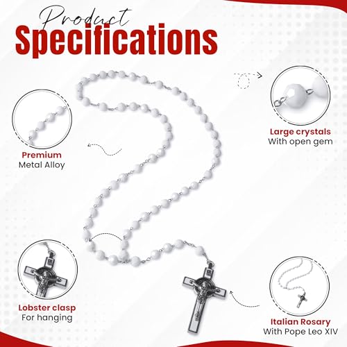 SANCTUM VERITAS Catholic Rosary Necklace | Large Italian Prayer Beads Gift - style: White Crystal
