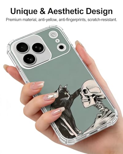 Cat and Skull Phone Case Compatible with iPhone 17 Pro, Hippie Creepy Black Cat and Skeleton Phone Cover for iPhone 17 Pro - color: Cat and Skull